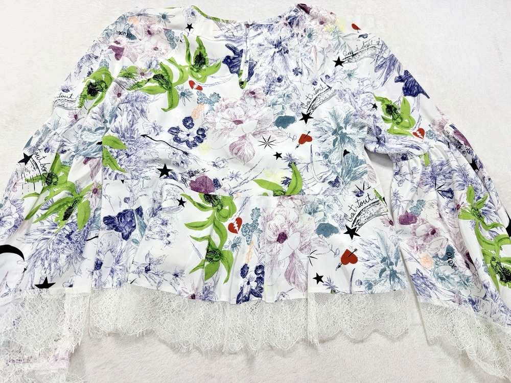 Cinq a Sept 100% Silk Celestial Floral Peplum Blouse M White Lace Trim Top